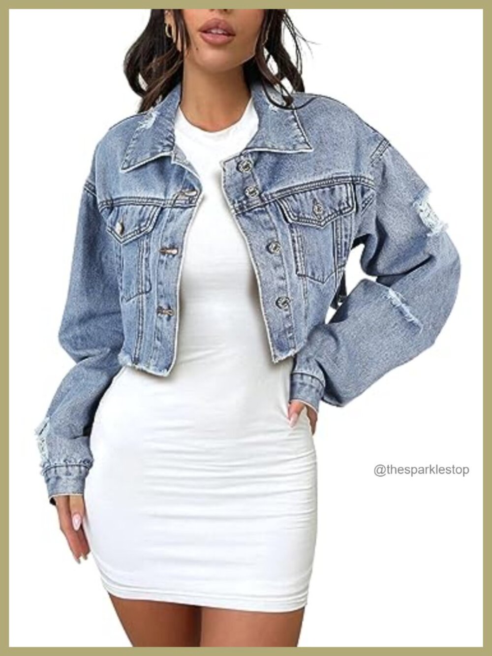 Cropped Jean Jacket Frayed Hem Denim Jacket Long Sleeve Button Down for Women